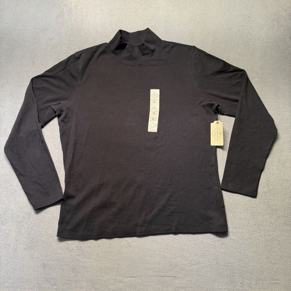 St Johns Bay Womens XL Mock Neck Shirt Black Long Sleeve Cotton T Shirt NWT